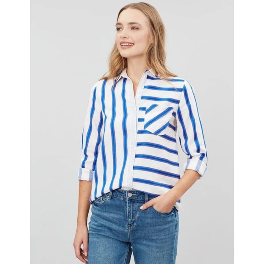 Joules Lorena Stripe Button Down Shirt White Blue Pink Linen Cotton Blend Size 6